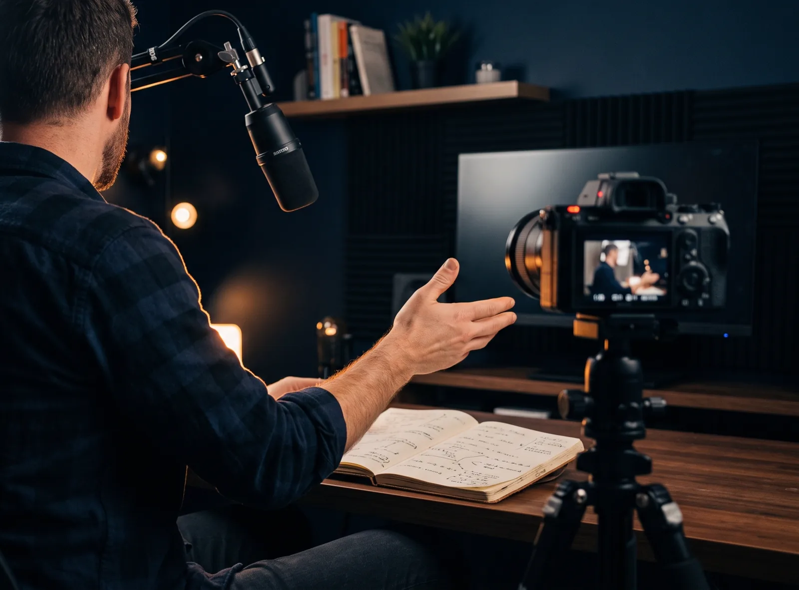 A creator recording a lesson at a desk in a home studio, lit by a softbox and framed by a camera on a tripod.